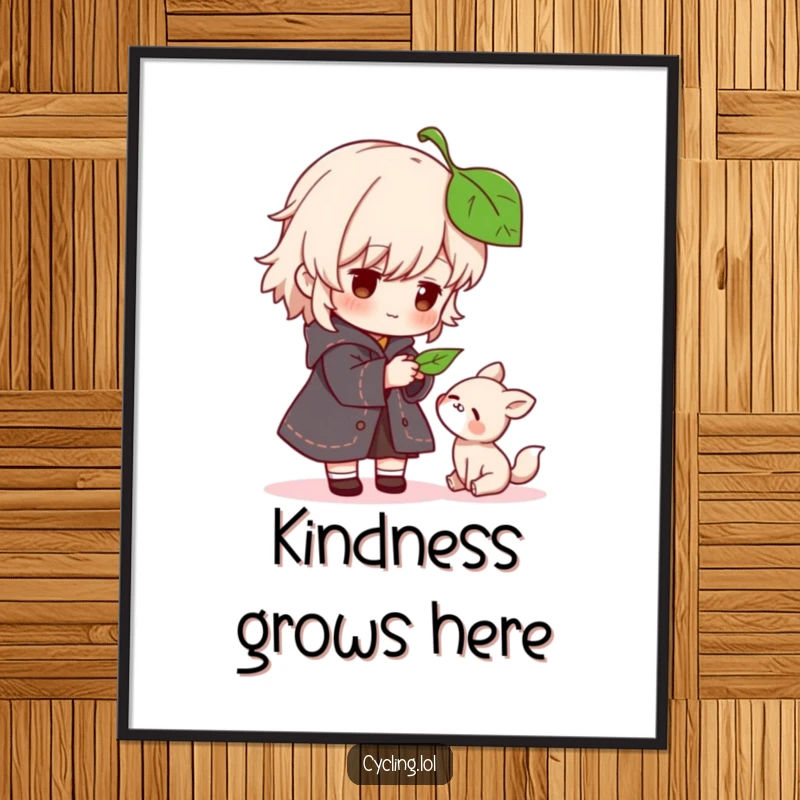 Funny poster displaying a character gently offering a leaf to a small, grateful animal, a heartwarming piece of art.