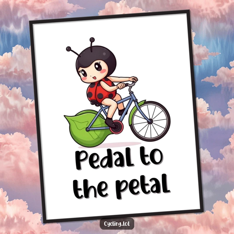 Funny ladybug poster depicting a determined ladybug furiously pedaling a leaf-shaped bicycle, adding motivational art.