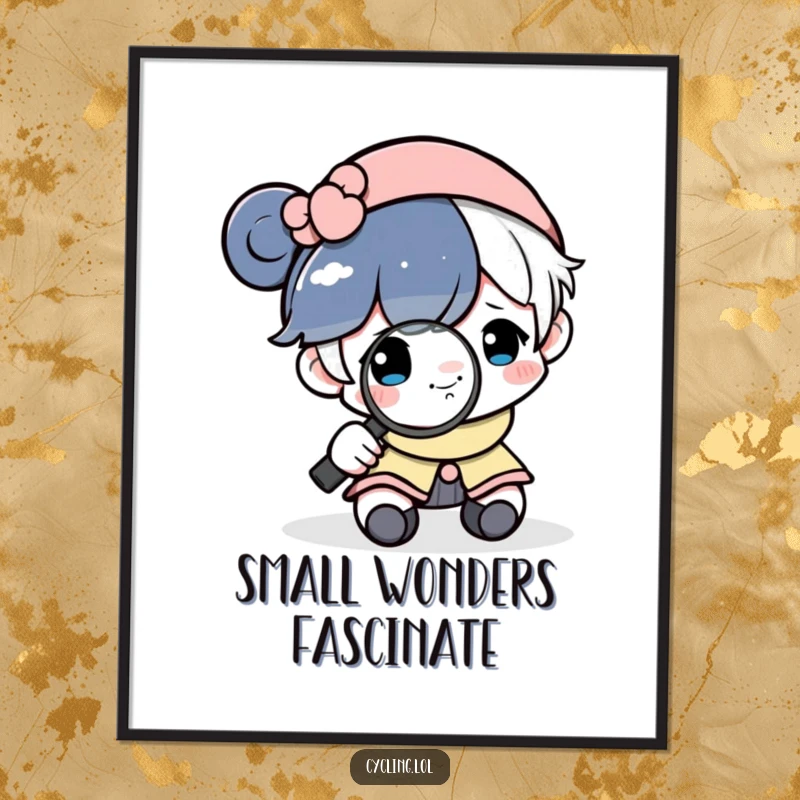 Funny poster art of a character closely observing a tiny, smiling moon with a magnifying glass, detailed and amusing.