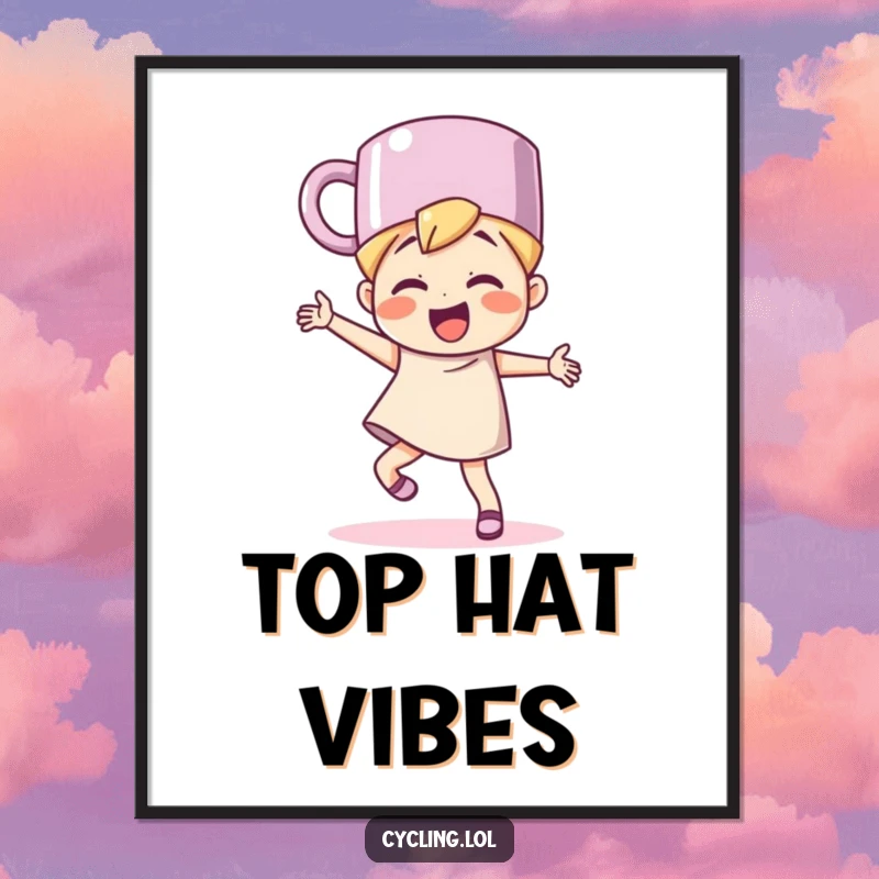 Funny character wearing a mug as a hat, dancing with exaggerated glee, as a lively and humorous wall art piece.