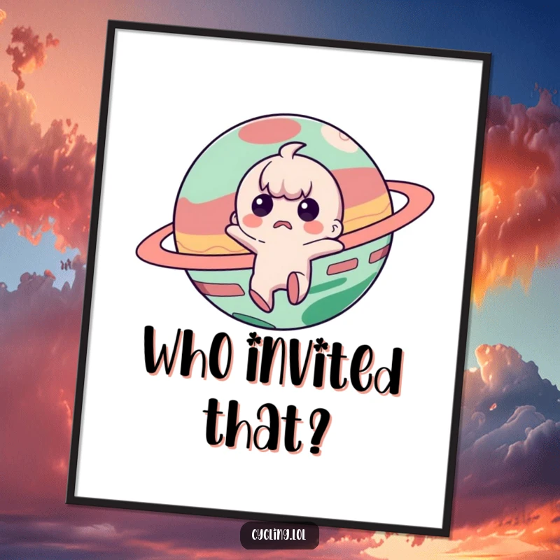 Funny poster art of a startled character jumping away from a mischievous planet, conveying surprise and humor.