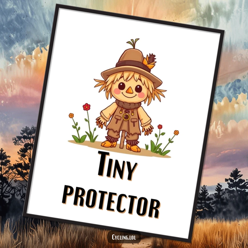 Funny poster art of a character cheerfully building a small scarecrow, inspiring creativity and busy hands.