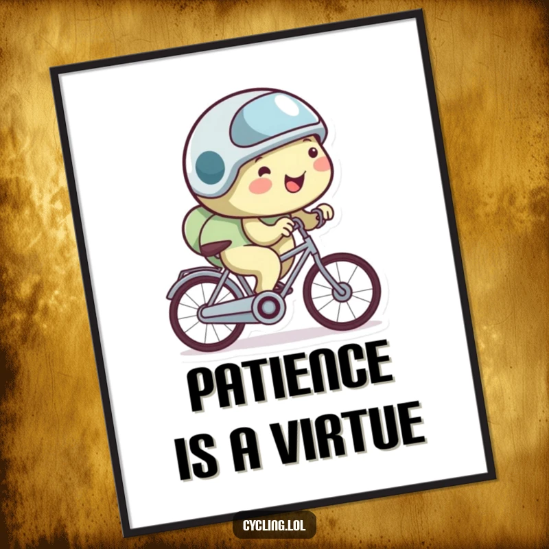 Funny snail poster featuring a happy snail wearing a small helmet and cycling very slowly, adding calm humor.