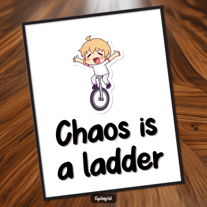 Funny poster of a character mid-unicycle disaster, arms flailing wildly, capturing a moment of extreme, humorous imbalance for wall art.