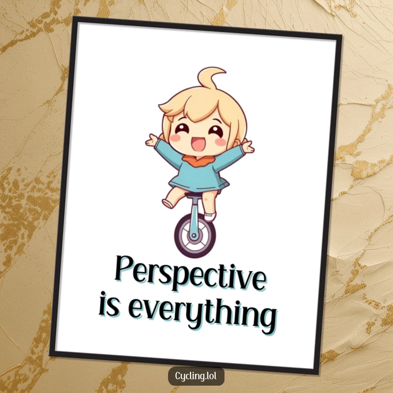 Funny poster of a character riding a unicycle upside down, eyes wide in pure glee, a visually striking and humorous artwork.