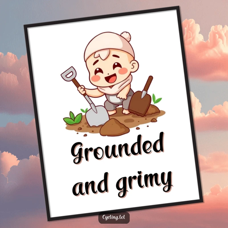 Funny poster art depicting a character enthusiastically digging in the soil with a trowel and a happy, wide grin.
