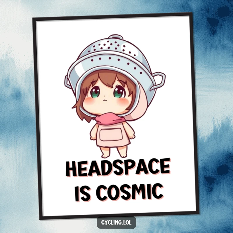 Funny poster art of a character wearing a colander helmet and gazing upwards in awe, capturing wonder.