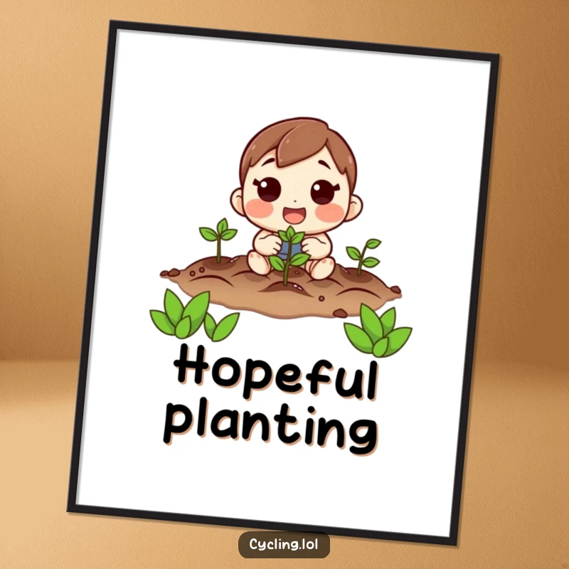 Funny poster art of a character planting seeds with eager hope, inspiring growth and joy in any space.