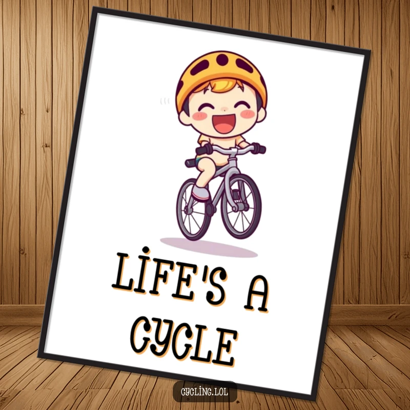 Funny Poster: An adorable kawaii character with a wide grin balances on a bike performing a wheelie, exuding energy.