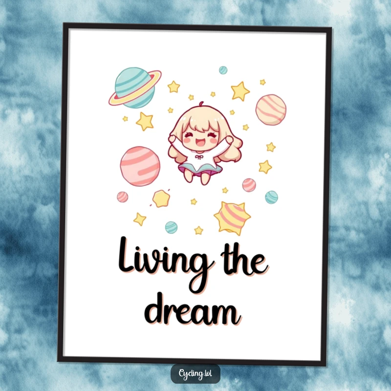 Funny poster art of a character joyfully floating among cartoon stars and planets, radiating happiness and wonder.