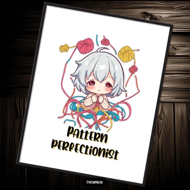 Funny Poster: Artist character surrounded by colorful threads, thoughtfully examining a sewing pattern, inspiring creative humor for wall decor.