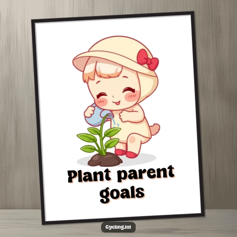 Funny poster art of a character watering a giggling, growing plant, capturing the delightful side of plant care.