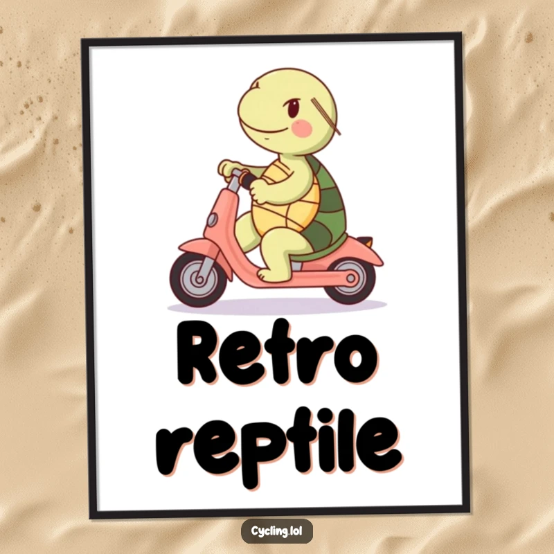 Funny poster: A happy turtle riding a scooter backwards, a humorous depiction of unconventional progress.