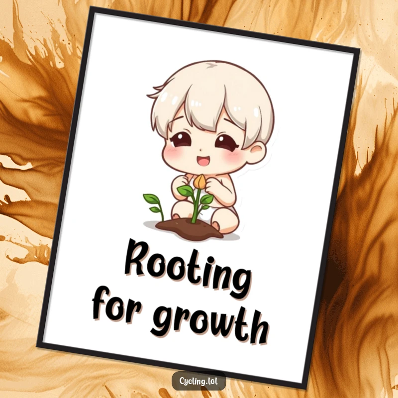 Funny poster depicting a character with a beaming smile, curiously observing a plant with a sprouting seed, garden-themed art.