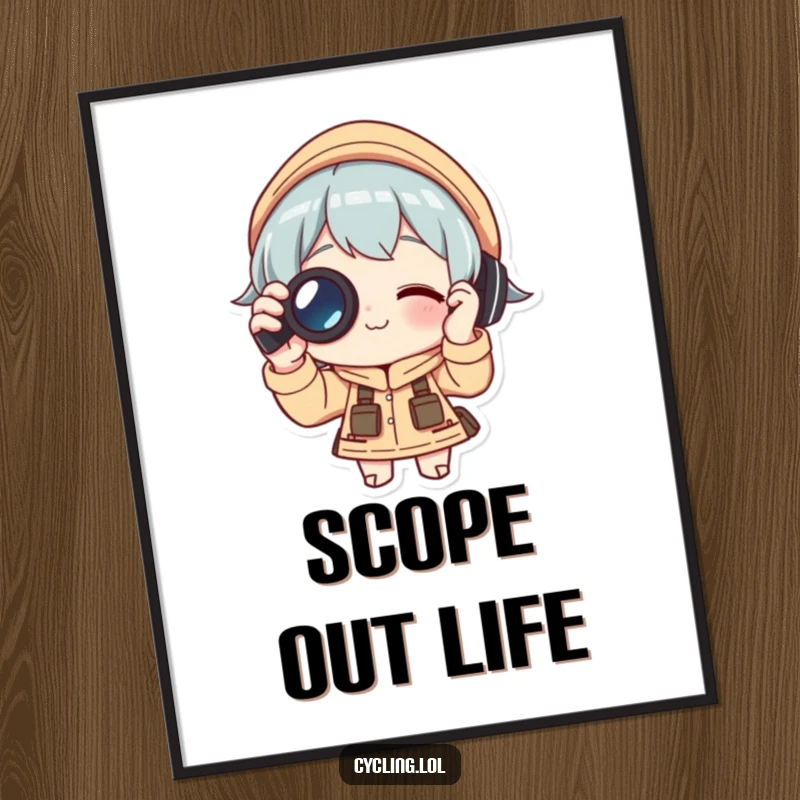 Funny Poster: Character focused on binoculars, representing keen observation and adventure, a humorous artwork perfect for decorating any room and a great gift option.