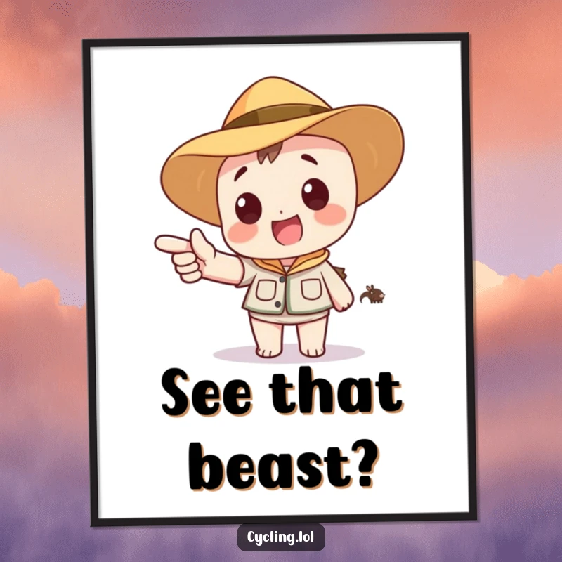 Funny poster featuring a character in a safari hat, excitedly pointing to a distant, cartoon animal, perfect for adventure-themed decor.
