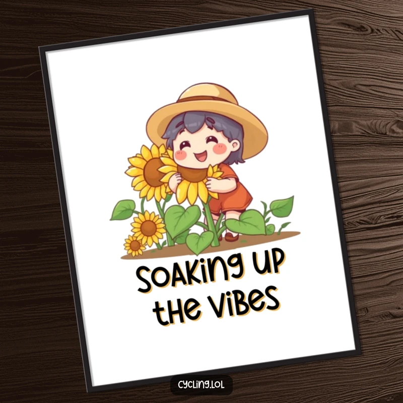 Funny poster art of a character in a straw hat, happily nurturing a massive, smiling sunflower, bringing joy to any wall.