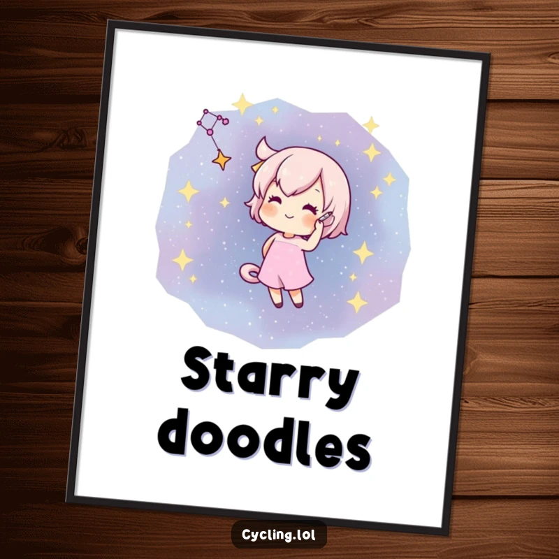 Funny poster print of a character artistically drawing a constellation with a flourish on a dark, star-filled sky.