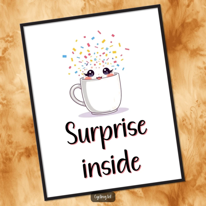 Funny poster of a character with sparkling eyes bursting from a mug with confetti, capturing a moment of energetic celebration.