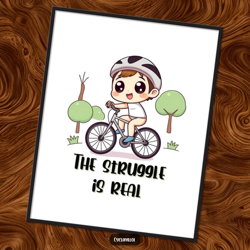 Funny poster of a character with wide, delighted eyes, joyously pedaling a bicycle uphill, a vibrant image of effort and elation.