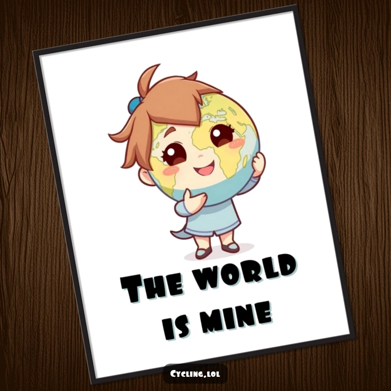 Funny poster of a character dramatically presenting the Earth globe with a confident flourish, creating a humorous and impactful wall decoration.