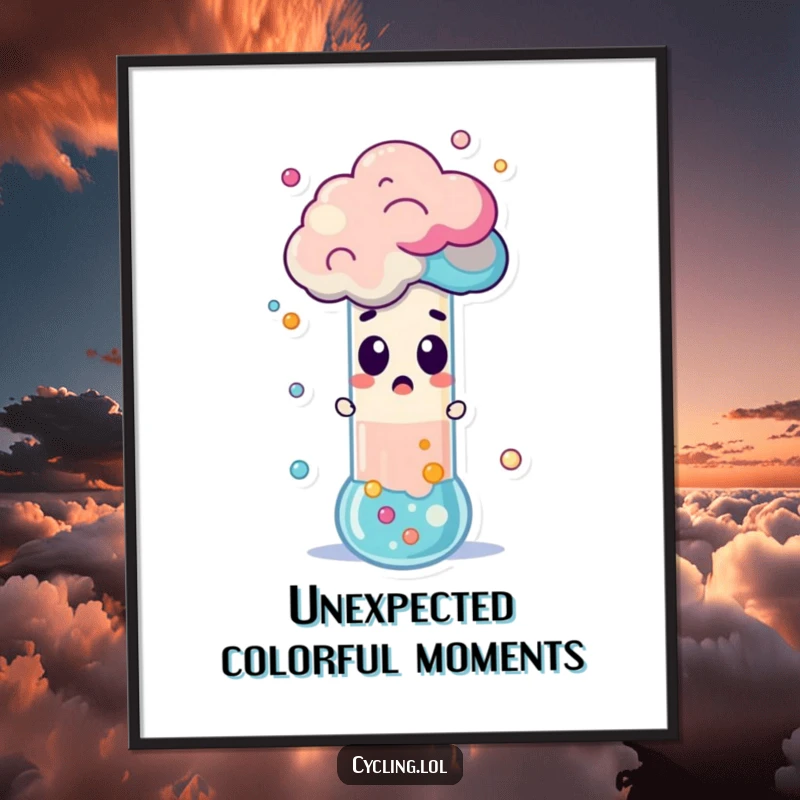 Funny Poster depicting a surprised character reacting to a test tube erupting with colorful foam, adding a humorous scientific touch.