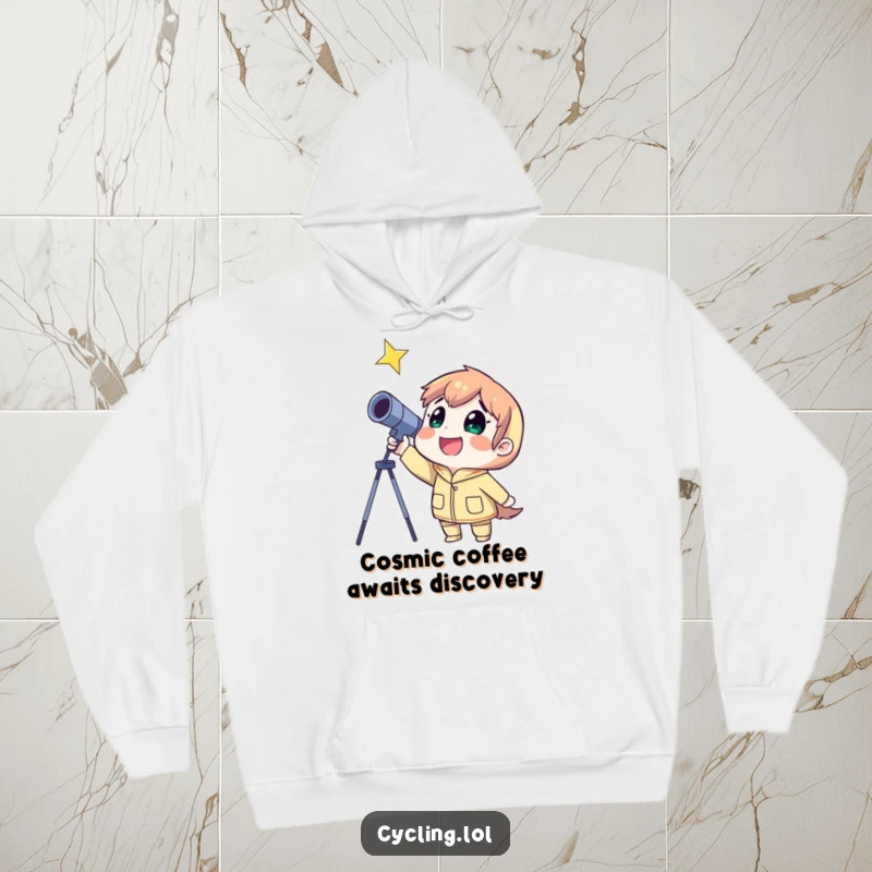 Funny hoodie with a smiling character pointing a telescope at a celestial star, radiating warmth and cosmic joy.