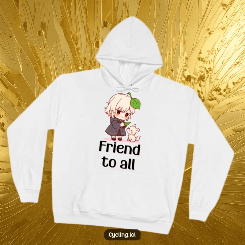 Funny hoodie depicting a character gently offering a leaf to a small, grateful animal, a symbol of warmth and friendship.