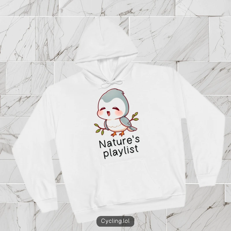 Funny hoodie showing a character with head tilted, listening intently to bird sounds with delight, perfect for cozy nature appreciation.