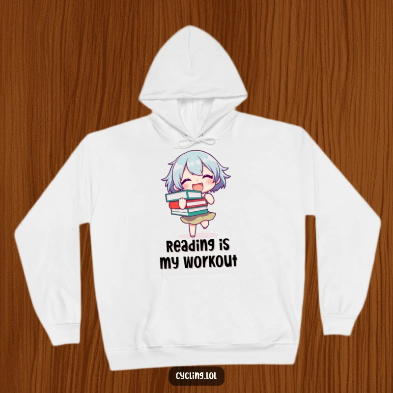 Funny Hoodie featuring a joyful character struggling to balance a stack of books, offering warmth and a celebration of reading.