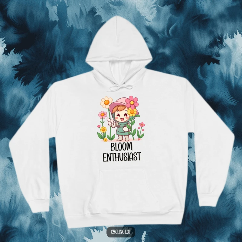 Funny hoodie featuring a character pointing at blooming flowers with excitement, perfect for casual wear and garden lovers.