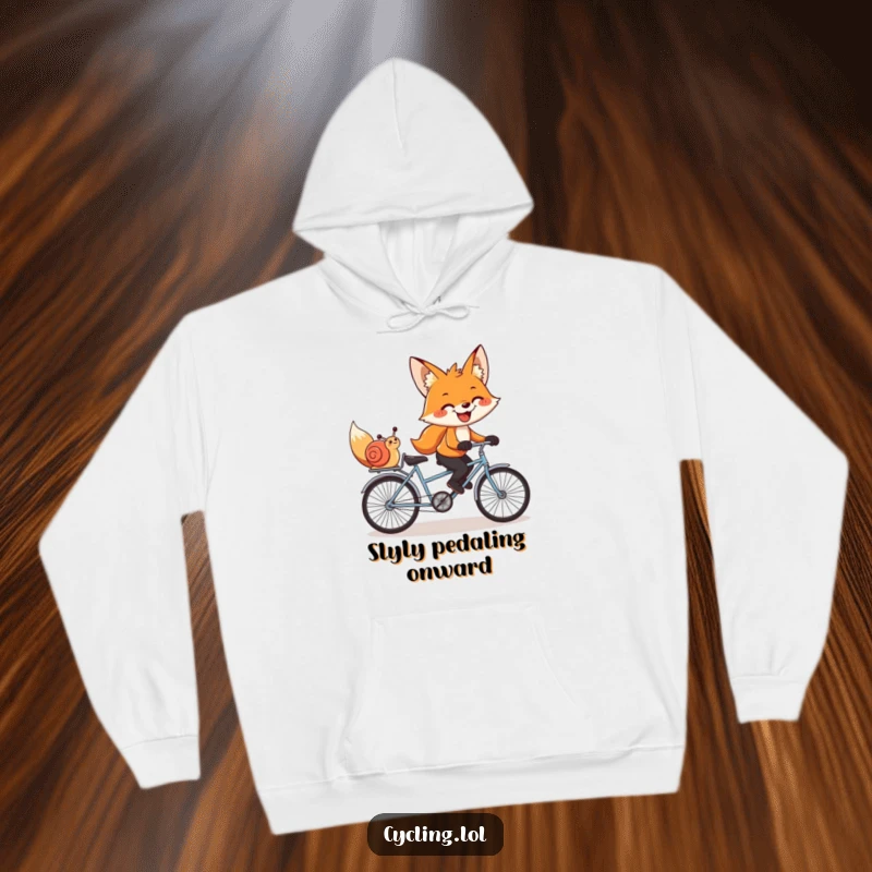 Funny hoodie featuring a grinning fox and snail on a tandem bike, offering cozy humor and companionship.