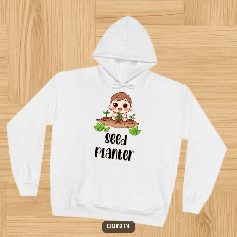 Funny hoodie showcasing a character joyfully planting seeds with anticipation, perfect for garden lovers and casual wear.