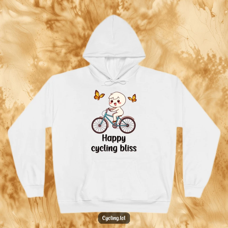Funny hoodie showing a delighted Kawaii character cycling after a butterfly, embodying playful pursuit and carefree happiness.