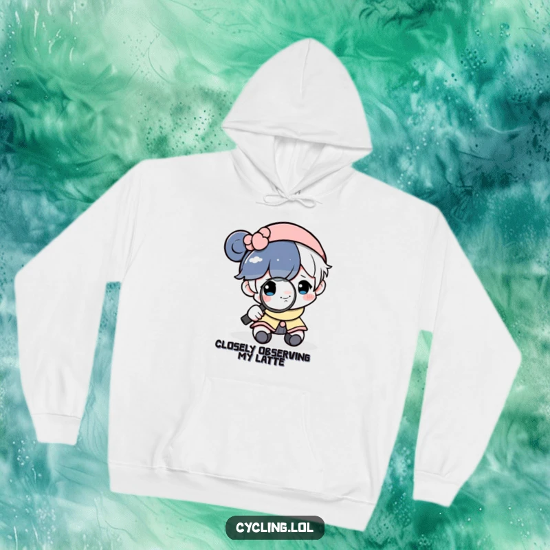 Funny hoodie featuring a character with a magnifying glass examining a smiling moon, offering warmth and intellectual humor.