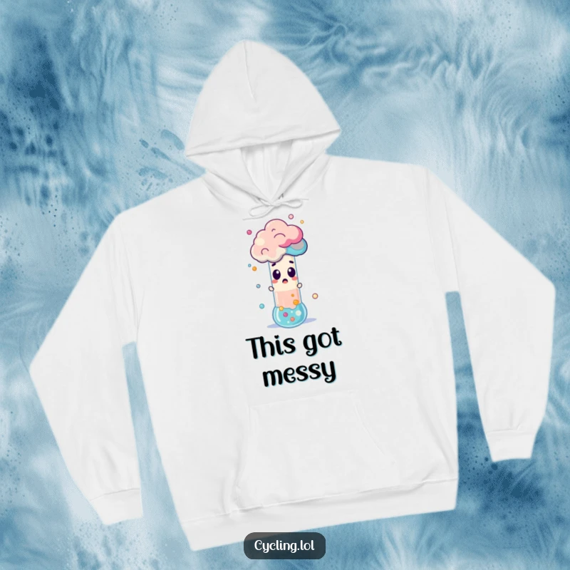 Funny Hoodie featuring a surprised character reacting to a test tube eruption with colorful foam, combining comfort and scientific humor.