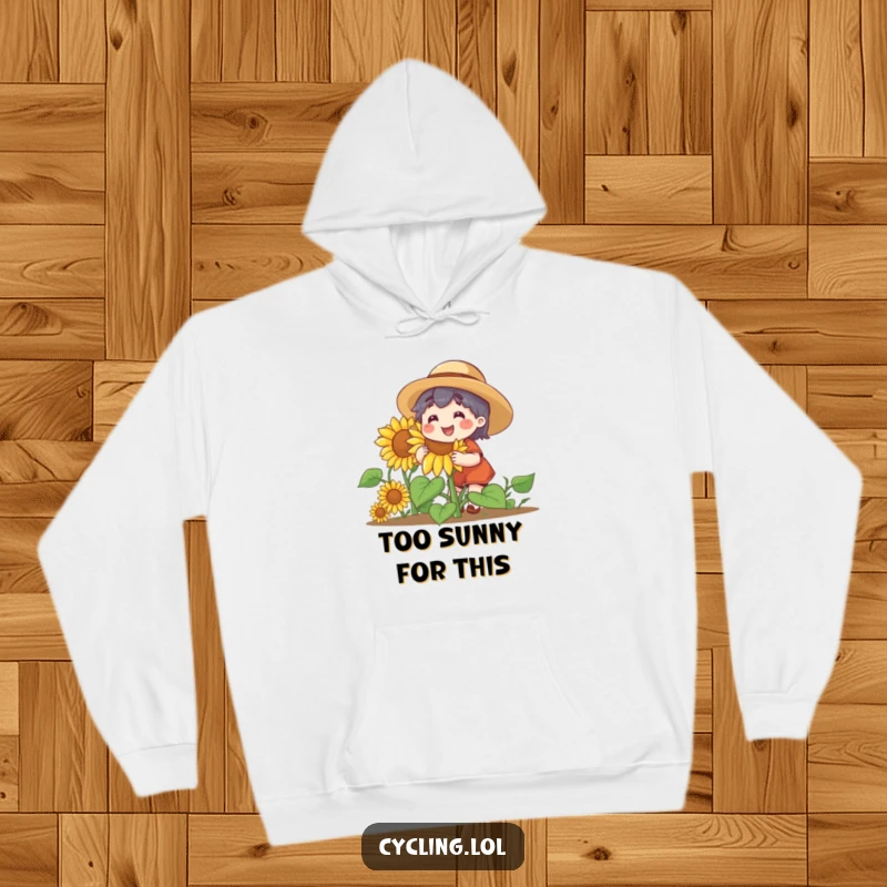 Funny hoodie depicting a happy character wearing a straw hat, tending a huge, giggling sunflower. A warm and funny present.