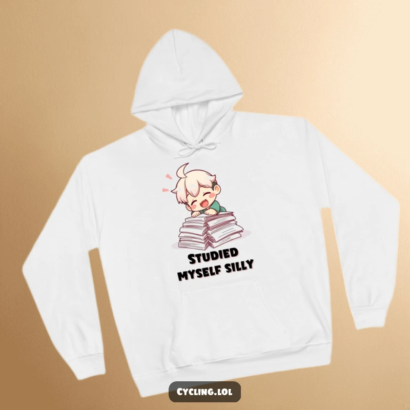 Funny hoodie featuring a character laughing as they trip over research papers, offering warmth and a humorous take on scholarly pursuits.
