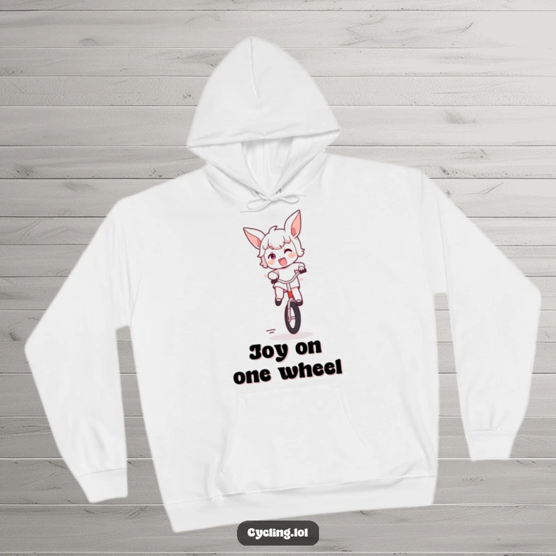 Funny hoodie depicting a character bouncing with unrestrained excitement on a unicycle, ears flapping wildly, a symbol of pure, unadulterated fun.