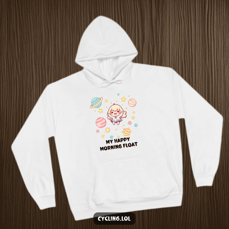 Funny hoodie depicting a character blissfully floating among cartoon stars and planets, offering warmth and cosmic fun.