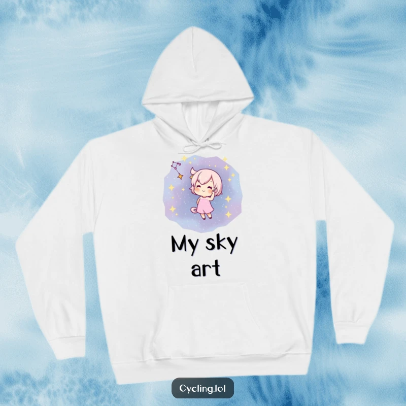 Funny hoodie illustration of a character artistically drawing a constellation with a flourish on a vibrant, star-filled sky.