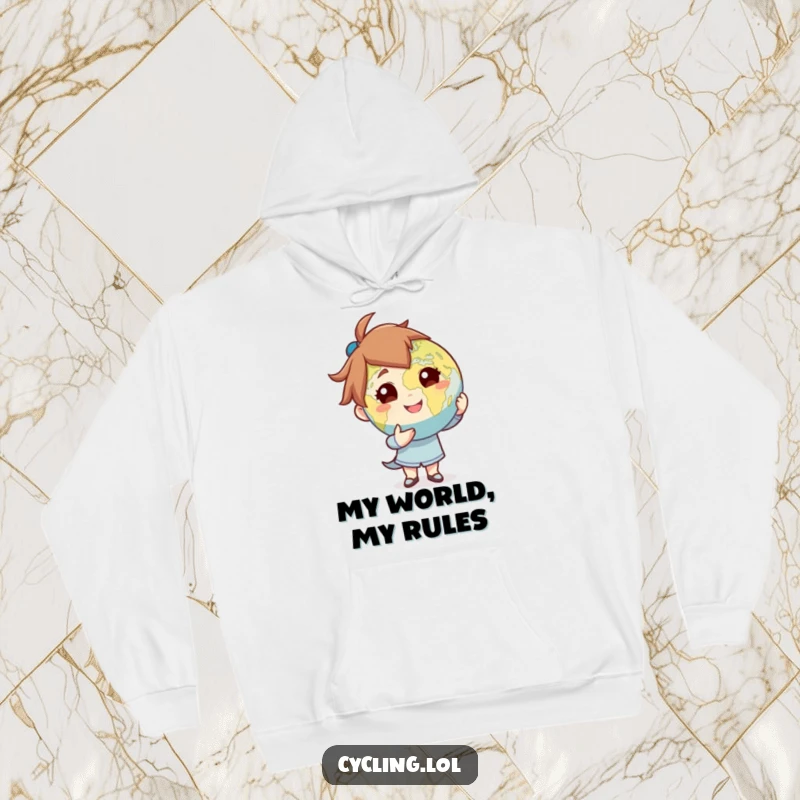 Funny hoodie depicting a character confidently presenting the globe with a dramatic flourish, offering warmth and a touch of worldly humor.