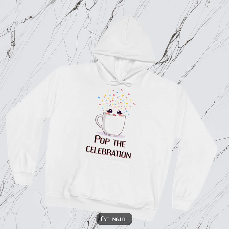 Funny hoodie showcasing a character with sparkling eyes bursting from a mug amidst confetti, offering warmth and playful energy.