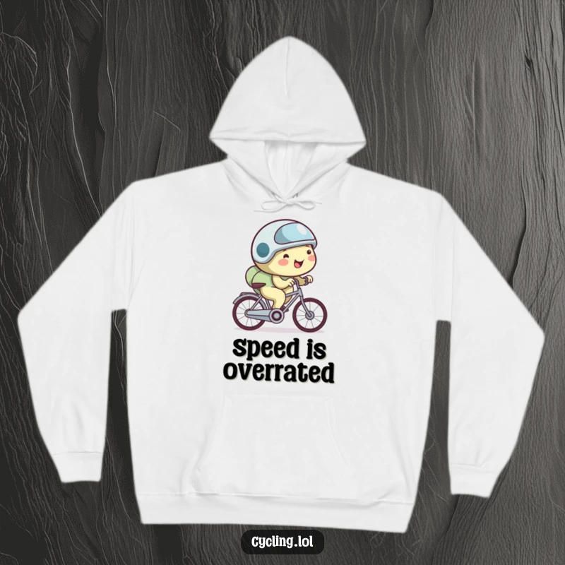 Funny snail hoodie featuring a happy snail wearing a small helmet and cycling very slowly, perfect for cozy humor.