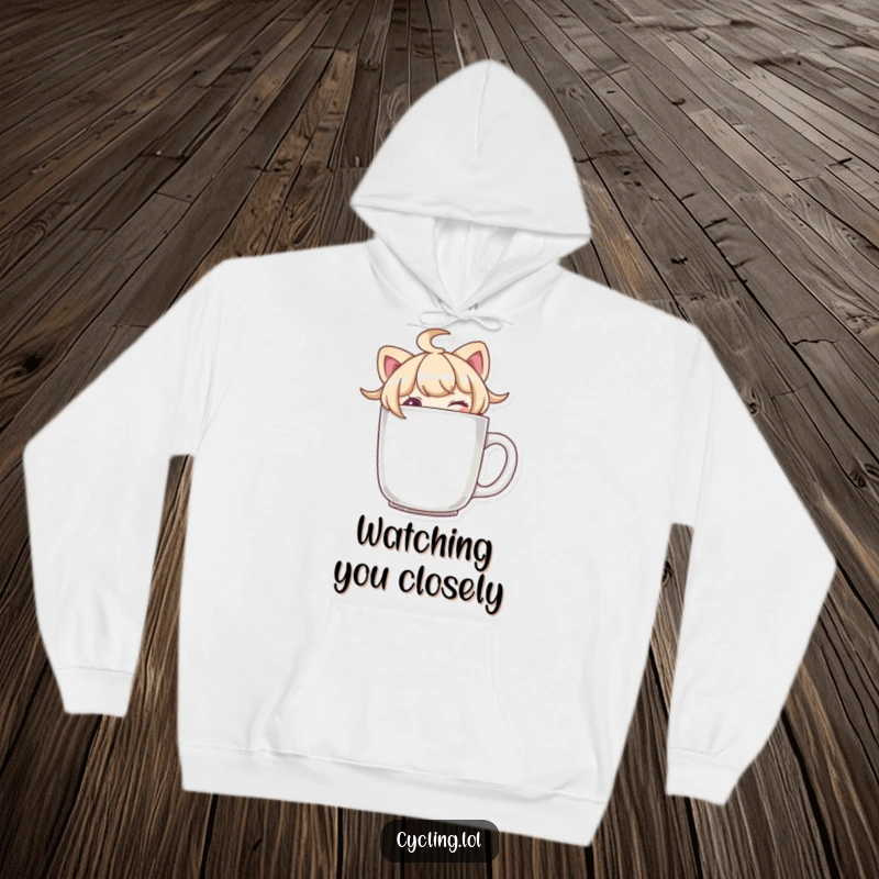 Funny character wearing a hoodie, peeking over a mug brim with a wink, symbolizing playful secrets and cozy vibes.