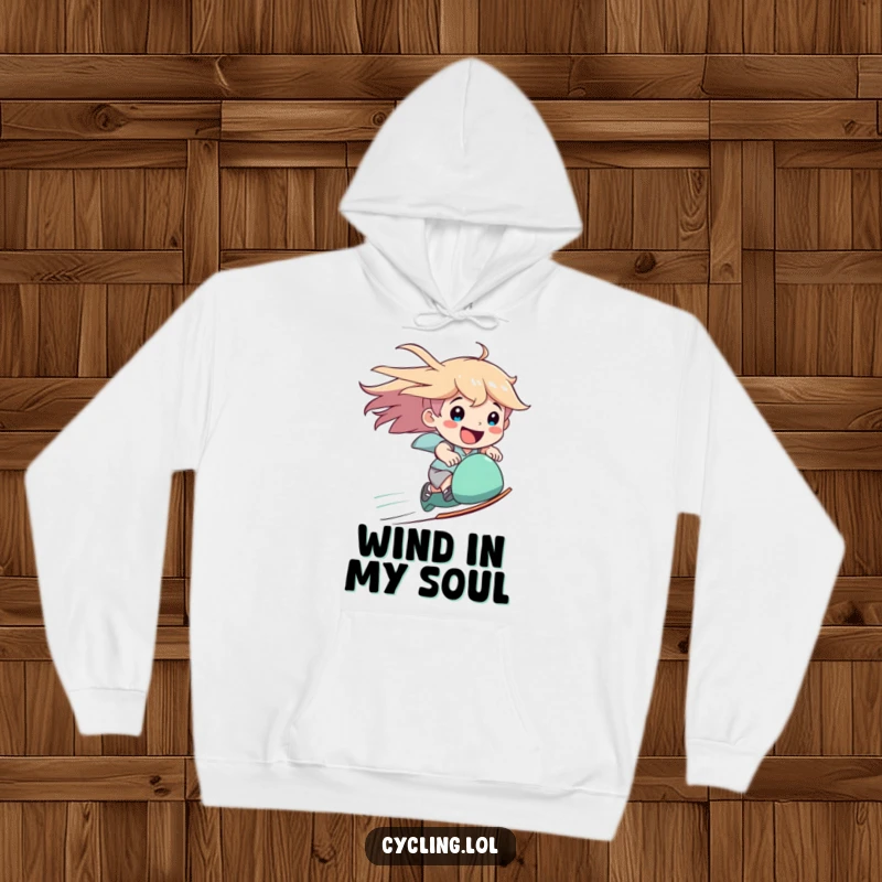 Funny speed hoodie showing a character zooming downhill with windblown hair and a wide, happy smile, perfect for warmth.
