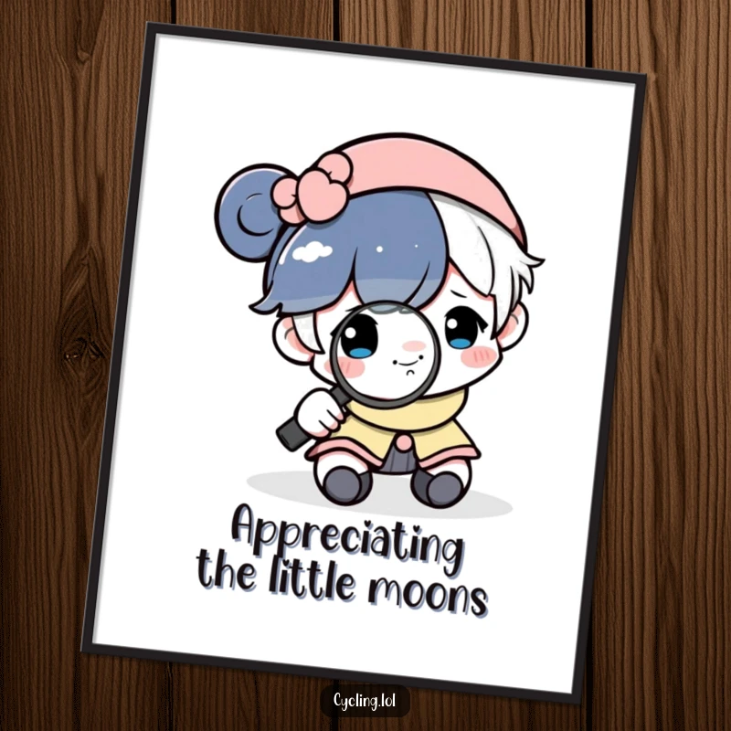 Funny Free Printable Wall Art: Astronaut intently examines a tiny smiling moon with a magnifying glass, showing curiosity.