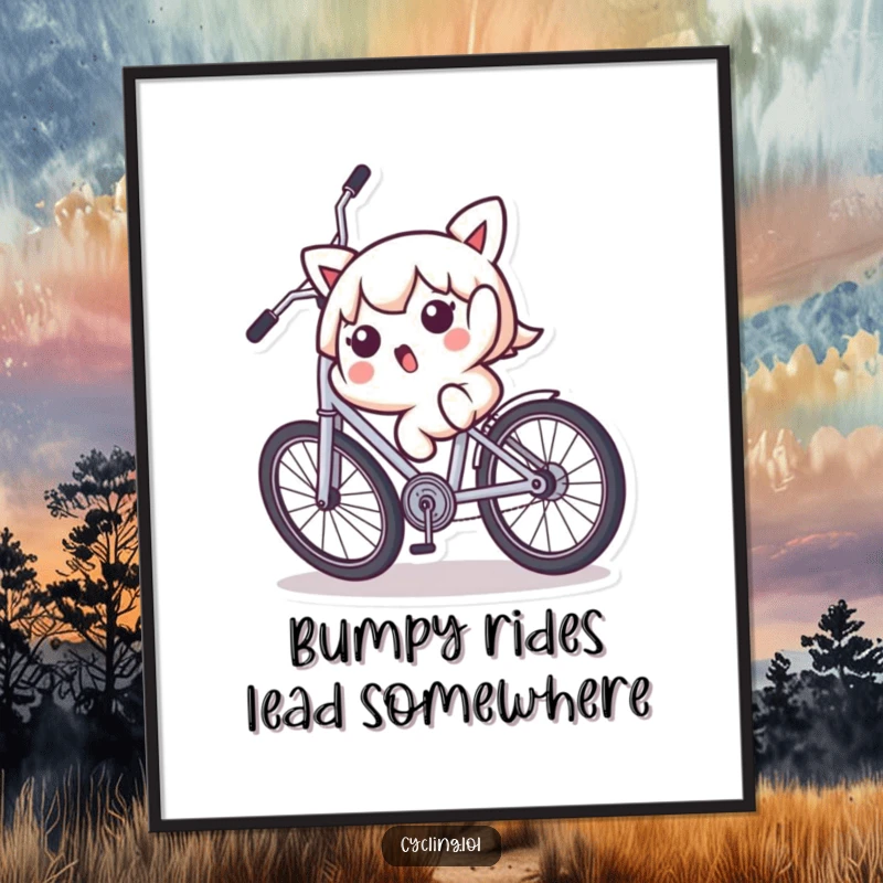 Funny Free Printable Wall Art: a surprised Kawaii character falling backward off a wobbly bicycle, captured mid-fall with a comical expression.