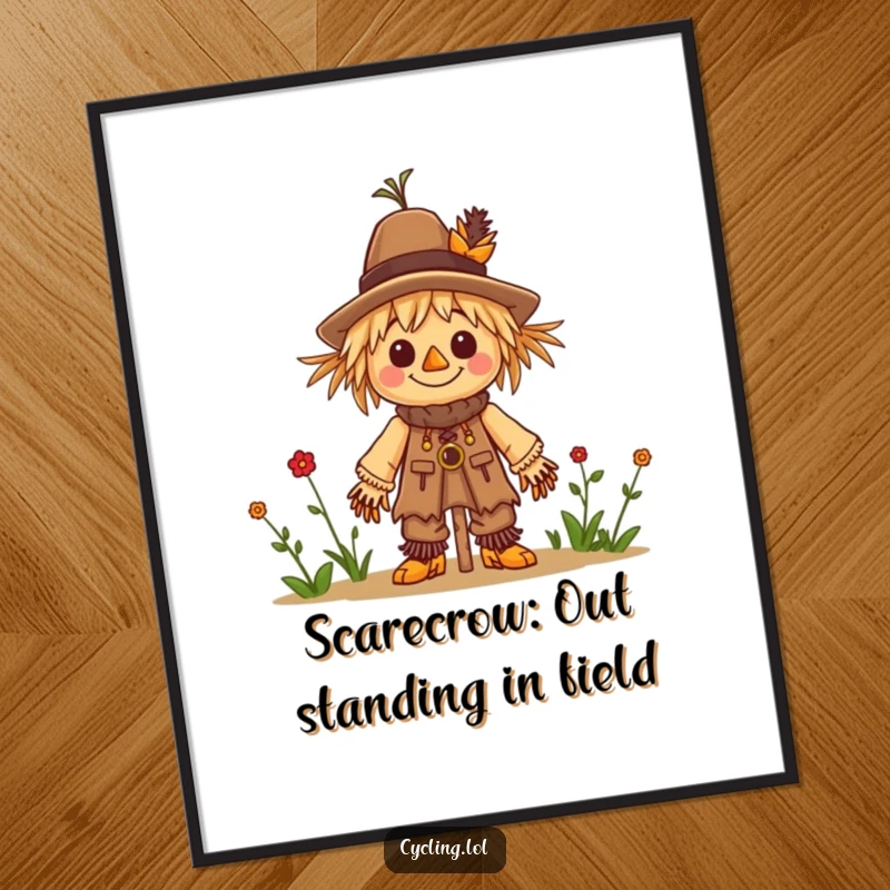 Funny Free Printable Wall Art: A cheerful character with a busy demeanor constructing a small, cute scarecrow.