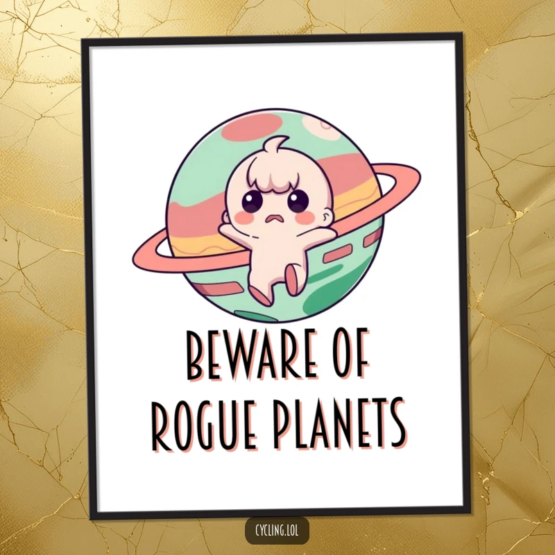 Funny Free Printable Wall Art: Astronaut startled, jumping away from a mischievous planet, creating comic visual.